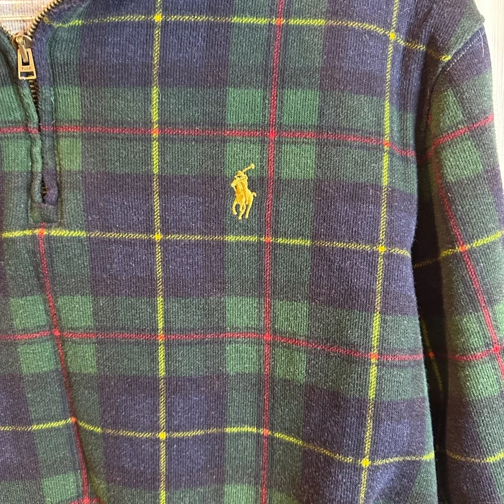 Polo Ralph Lauren Mens Green Navy Plaid Quarter Zip Cotton Pullover Sweater M